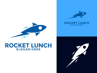 Fast Rocket Launch with Thunderbolt Vector Logo Design, Simple Flying Modern Rocket Logo Illustration