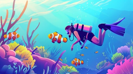 Diver watching clownfish underwater in the sea. Modern cartoon illustration of tropical ocean with funny clownfish, young woman in mask diving head first in water.