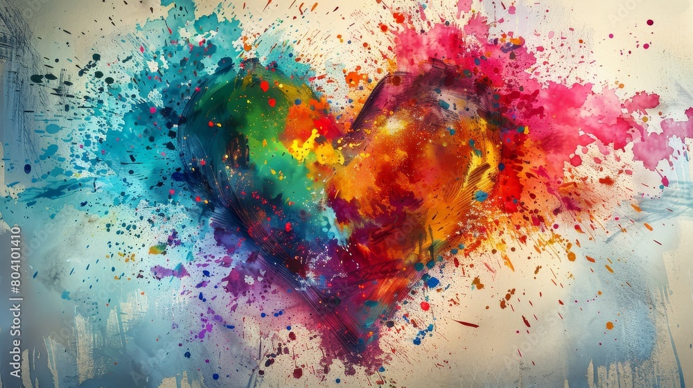 Poster a modern artwork featuring an array of colorful paint splashes forming the shape of a graceful heart