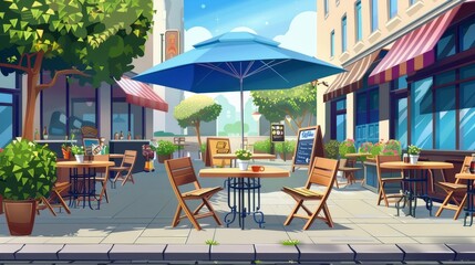 Summer cafe with wooden tables and chairs on an outdoor terrace. 2d cityscape design with separated layers for a game animation.