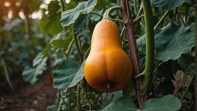 A ripe butternut squash on a vine