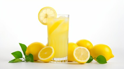 a refreshing glass of lemonade, garnished with a lemon slice, surrounded by fresh lemons and green leaves on a white background