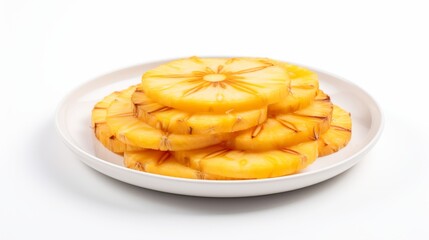 a plate of pineapple slices, showcasing the fruit’s vibrant yellow color against a white background.