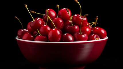 a bowl of ripe, red cherries against a dark backdrop