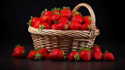 a basket brimming with ripe strawberries against a dark backdrop