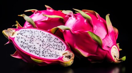 vibrant pink dragon fruits, one sliced to reveal white flesh with black seeds, set against a dark background