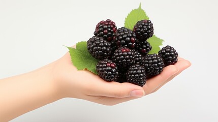 A hand holding ripe blackberries with green leaves against a light background