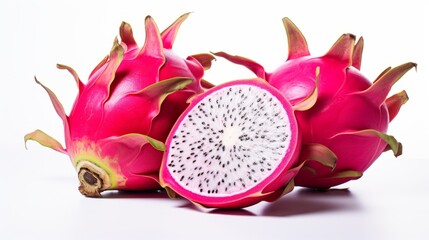 pink dragon fruits, one sliced open to reveal a white, seed-speckled interior, against a white background.