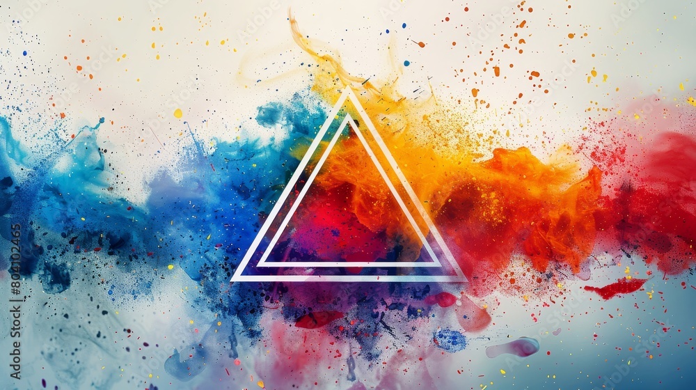 Poster a triangle composed of colorful paint splashes, creating a lively and dynamic composition