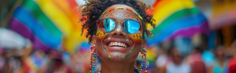 Joyful African American LGBTQ+ Woman Celebrating New York Pride Parade with Rainbow Flag. Inclusive...