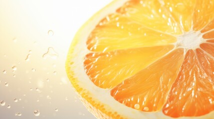  a sliced orange with water droplets, highlighting the vibrant color and juicy texture under bright light.