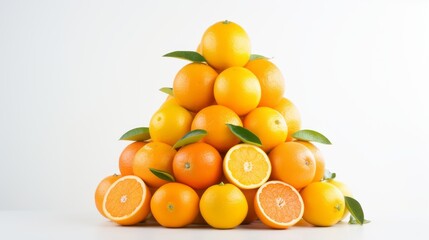 stacked pyramid of ripe oranges on white background