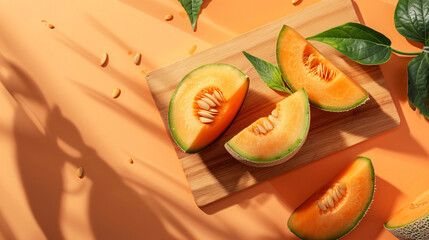 Board with sweet cut melon on color background