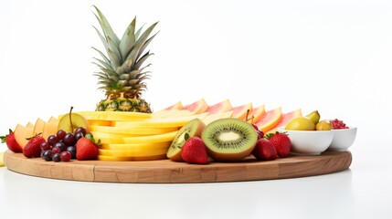 a vibrant fruit platter with a variety of fresh fruits on a wooden board, creating a colorful and healthy display against a white backdrop.