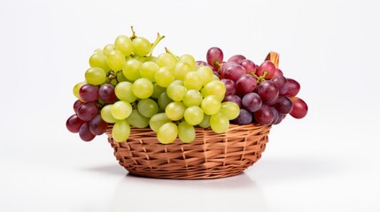a basket full of fresh grapes, both green and red, against a white background