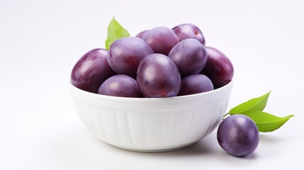 a bowl of ripe plums with vibrant green leaves on a white background