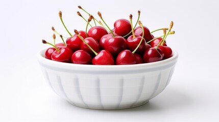 a white bowl filled with red cherries, highlighting their juiciness and vibrant color against a white background.