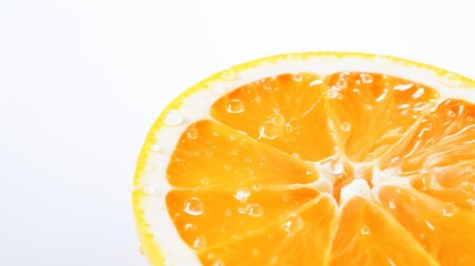 a close-up of a juicy, sliced orange with water droplets against a white background.
