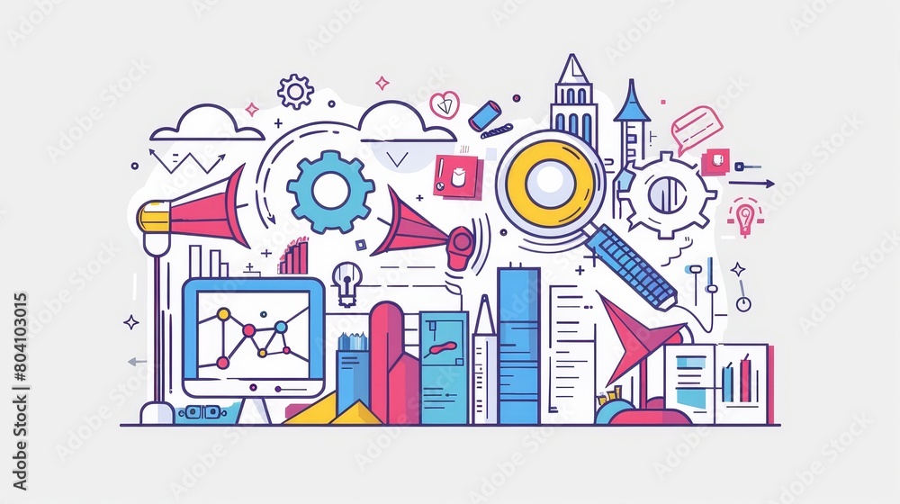 Poster a modern web banner featuring seo optimization line art, a magnifier and target with an arrow, a lou