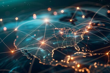 Obraz premium US-Centered Abstract Global Communication Network: Digital Connectivity & Cyber Technology Integration