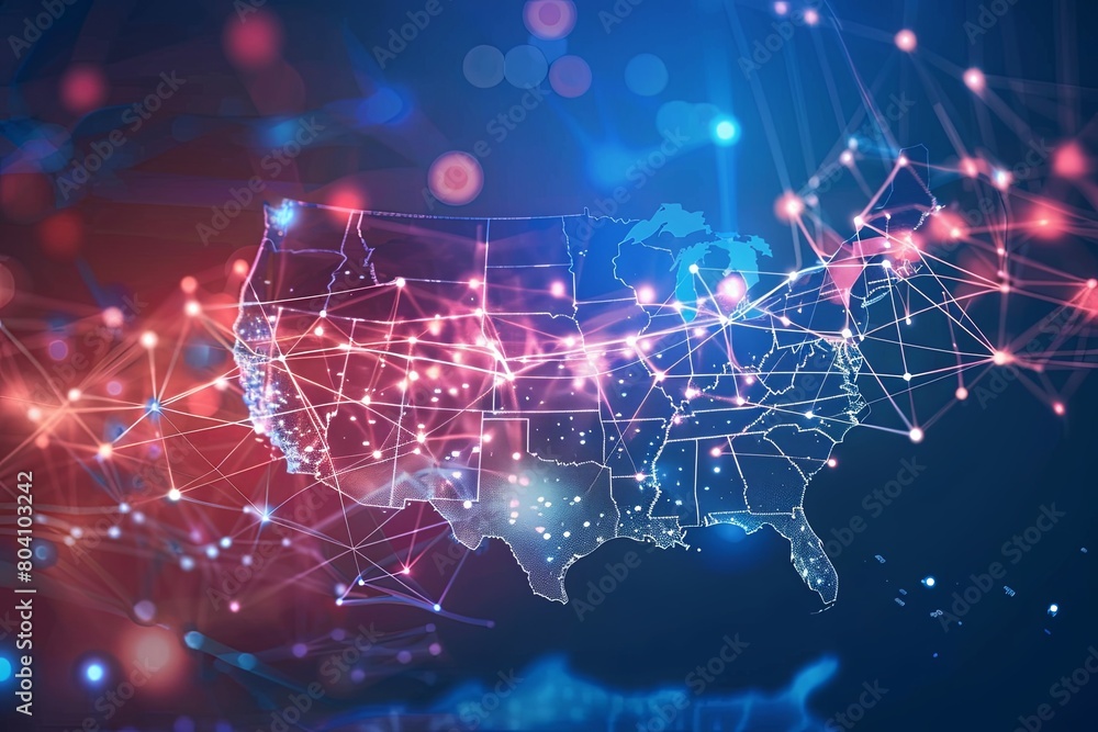 Poster digital fusion: abstract us map with cyber connections, glowing tech connectivity in global communic