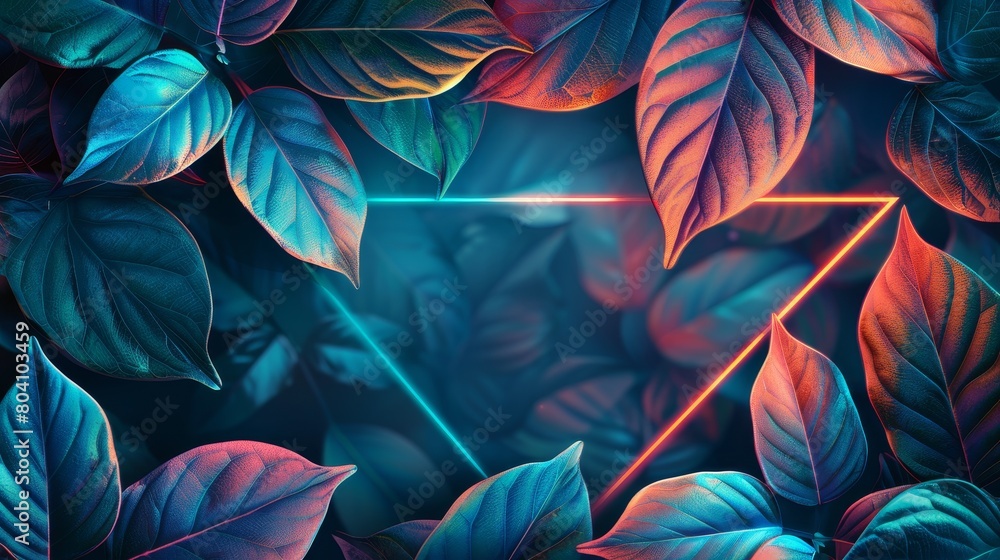 Poster an abstract neon backdrop featuring tropical leaves and a triangular frame