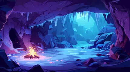 Traveler character in dark cave with campfire and sleeping bag, tourist halt and frozen pond. Adventure game, book scene with traveler in dark cavern Cartoon modern illustration
