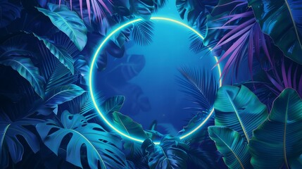 An abstract neon background adorned with tropical leaves