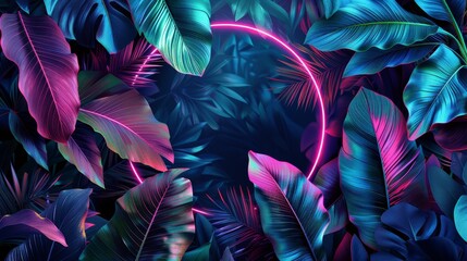An abstract neon background featuring tropical leaves and a circular frame