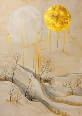 Oriental Winds in Golden Sands: Abstract Sun and Moon on Beige Canvas