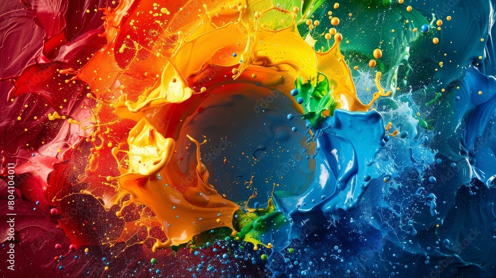 Poster an array of vivid paint splashes arranged in a circular fashion
