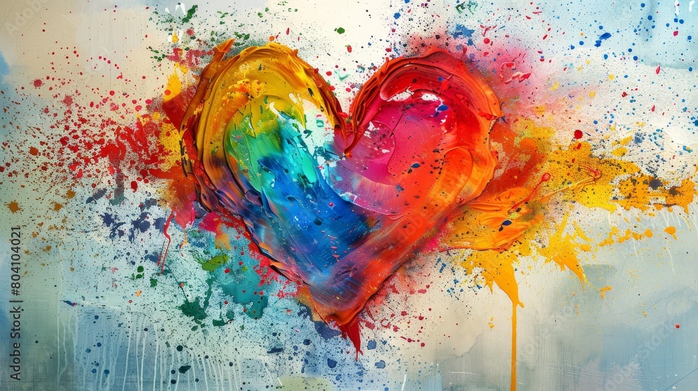 Poster an abstract representation featuring a plethora of colorful paint splashes forming a heart shape