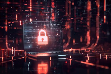 Obraz premium A laptop with a digital padlock icon on the screen, surrounded by glowing data streams and code lines symbolizing cyber security technology, dark background