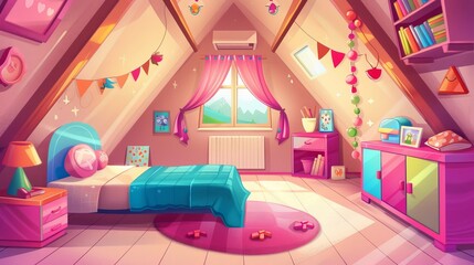 The interior of a girl's bedroom on an attic. A cute mansard room with a bed, curtains, a cupboard with stickers, a bookshelf, hanging garland, toys, and a ceiling window in pink. Cartoon modern