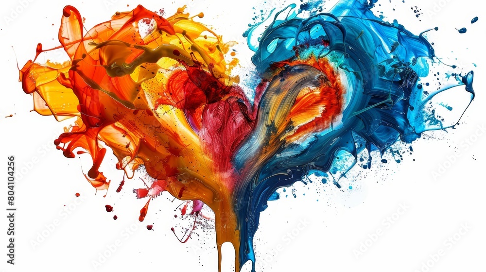 Poster an artistic representation featuring vivid paint splashes arranged to resemble a delicate heart shap