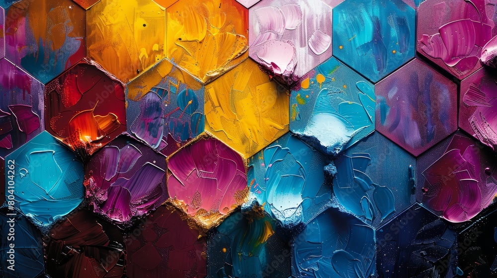 Poster an artistic display of colorful paint splashes forming an elegant hexagon