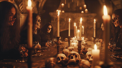 witches sitting at a set table with skulls by candlelight. - Powered by Adobe