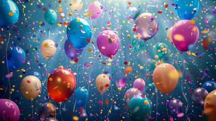 An atmosphere of joy and excitement created by a background adorned with balloons and confetti