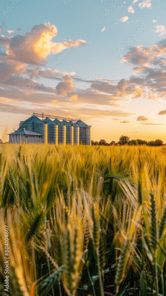 Aufkleber a field of wheat with a large silo in the background
