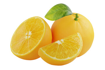 sweet and fresh whole and sliced oranges with leaf  realistic 3d render illustration element composition cutout isolated background
