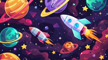 Cyber monday flyers with special offers, discounts. Horizontal banners with cartoon rocket, planets, and stars in outer space illustration on a black background.