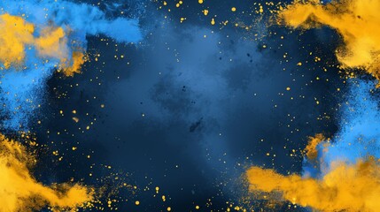 Holi powder paints explosion blank banner template, border with blue and yellow color splashes on dark background, colorful cloud or smoke burst, indian festival ad, realistic 3D modern style.