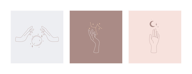 Vector set of female hand logos, icons in minimal linear style. Emblem design templates with hand gestures, moon, magic sphere, constellation, stars. Concept of Astrology, Magic, Sorcery, Esoterics