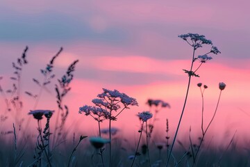 Pink Wildflowers Silhouetted at Sunset in Rural Nature Background