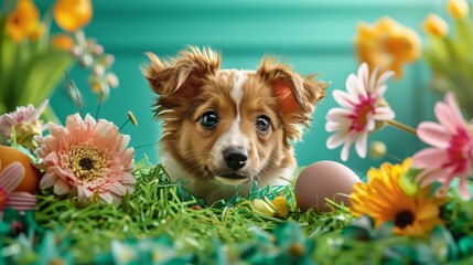 Create an Easter banner featuring a cheerful puppy peeking out from a hole in a paper