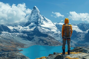 mountaineering in front of lake with mountain landscape professional photography