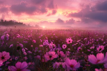 Wild Meadow Serenity: Pink Skies Over Idyllic Flowers