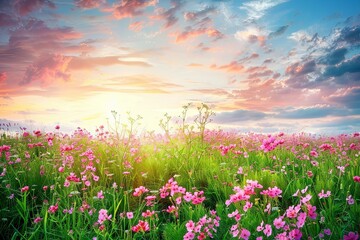 Fototapeta premium Wild Flower Meadow: Serene Pink Blossoms Under Evening Sky