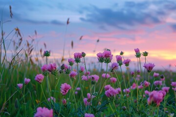 Obraz premium Wild Pink Wildflowers at Twilight: Tranquil Meadow - Essence of Pure Nature
