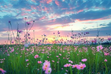 Wild Pink Wildflowers at Twilight Meadow: Tranquil Field Under Calming Sky